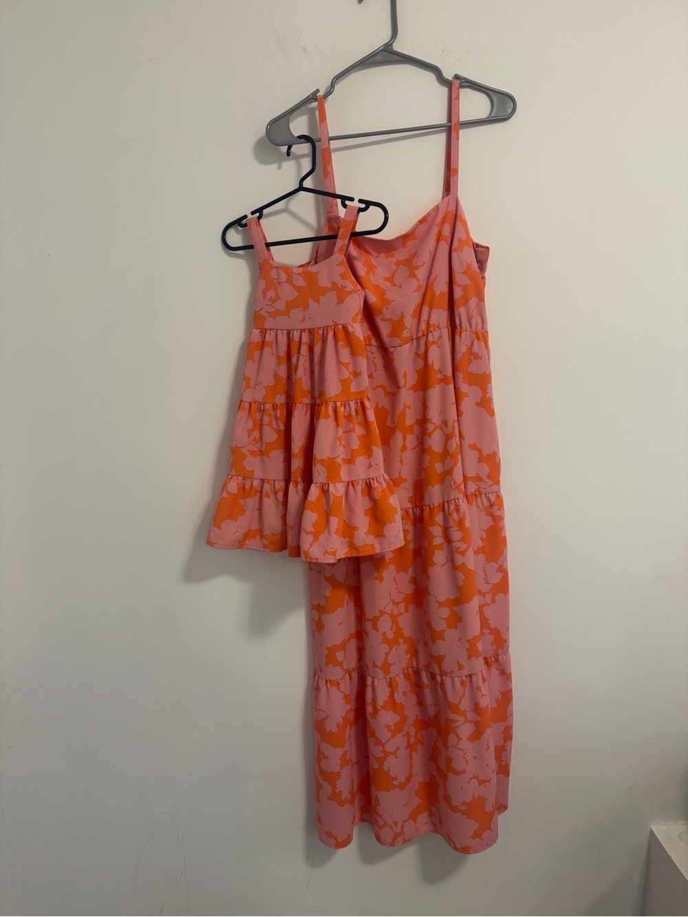 Mommmy & Me Pink and Orange Floral Tiered Maxi Dress with Matching Child Dress